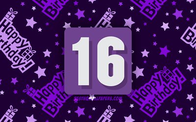 4k, 嬉しい16歳の誕生日, 紫抽象的背景, 誕生パーティー, 最小限の, 16歳の誕生日, 作品, 誕生日プ, 16日の誕生日パーティー