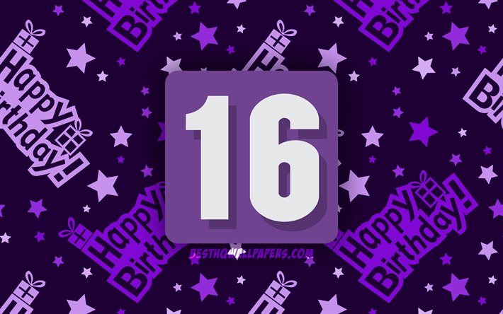 4k, gl&#252;cklich 16 jahre geburtstag, violett abstrakten hintergrund, geburtstag, party, minimal, 16th birthday, happy 16th birthday -, grafik -, geburtstag-konzept, 16th birthday party
