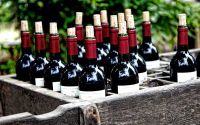 vino rosso, di bottiglie di vino, scatola di legno con le bottiglie, il vino, la vinificazione concetti, concetti di vino
