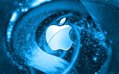 Apple blue logo, space, creative, Apple, stars, Apple logo, digital art, blue background