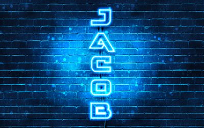 4K, Jacob, vertical text, Jacob name, wallpapers with names, blue neon lights, picture with Jacob name