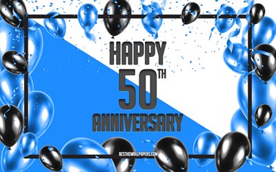 50 Years Anniversary, Anniversary Balloons Background, 50th Anniversary sign, Blue Anniversary Background, Blue black balloons