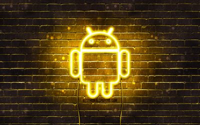 Android sarı logo, 4k, sarı brickwall, Android logosu, marka, Android neon logo, Android