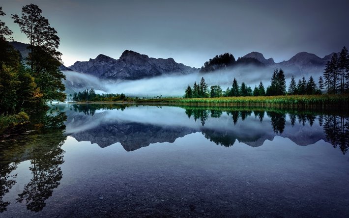 オーストリア, 美しい自然, 朝, 湖, 山々, アルプス, オーストリアの自然