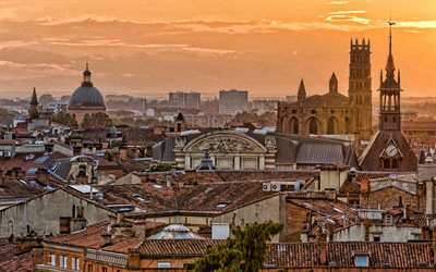 Toulouse, sunset, evening, cathedral, Toulouse cityscape, landmark, France