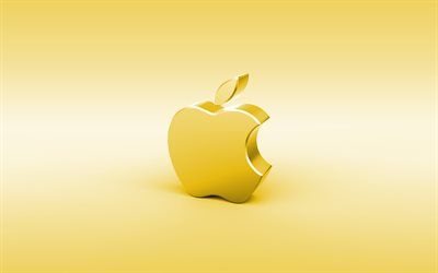 apple goldenen 3d-logo, minimal, goldenen hintergrund, apple-logo, creative, apple, metall-logo, 3d-logo, artwork