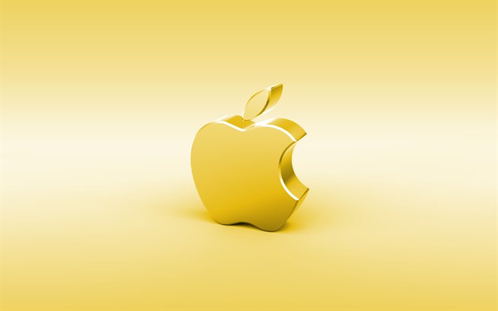 Apple golden 3D-logotyp, minimal, gyllene bakgrund, Apples logotyp, kreativa, Apple metall logo, Apple 3D-logotyp, konstverk, Apple