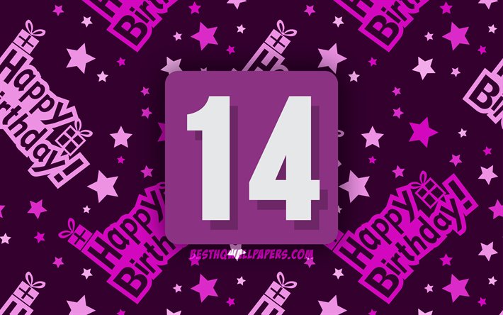 4k, 嬉しい14歳の誕生日, 紫色の抽象的背景, 誕生パーティー, 最小限の, 14歳の誕生日, 作品, 誕生日プ, 14歳の誕生日パ
