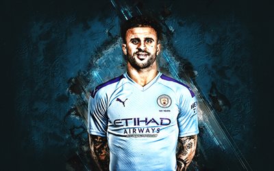 Kyle Walker, Jogador de futebol ingl&#234;s, O Manchester City FC, retrato, a pedra azul de fundo, Premier League, criativo fundo, Inglaterra, futebol