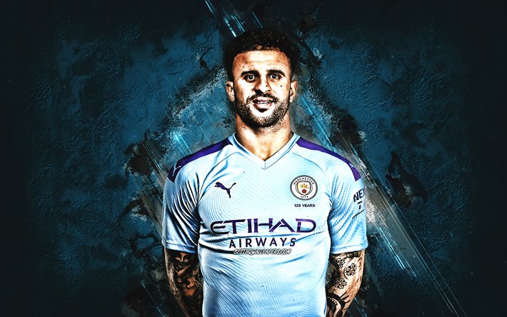 Kyle Walker, English football player, Manchester City FC, portrait, blue stone background, Premier League, creative background, England, football