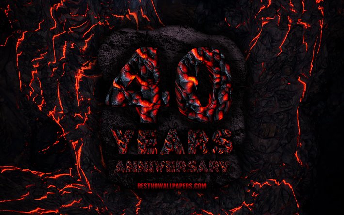 4k, 40 Years Anniversary, fire lava letters, 40th anniversary sign, 40th anniversary, grunge background, anniversary concepts