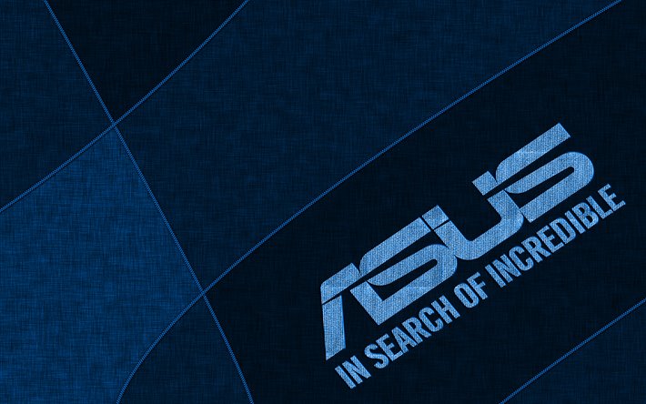 Asus logo blu, 4k, creativo, blu sfondo in tessuto, logo Asus, marche, Asus
