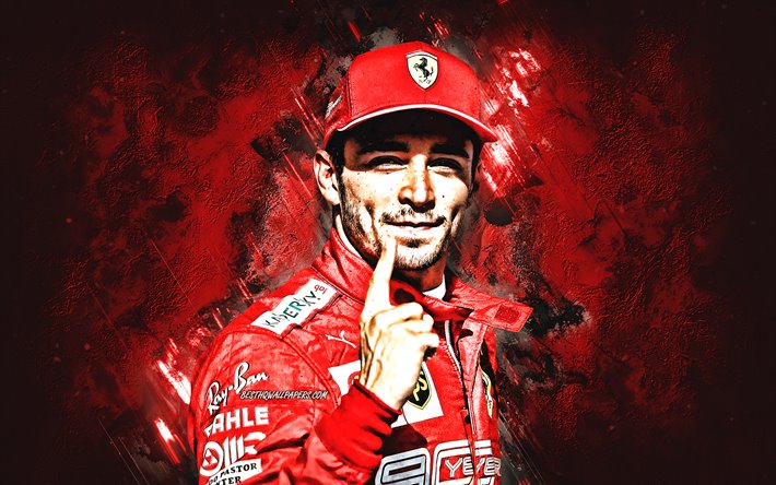 Charles Leclerc, Formula 1, Monegasque racing driver, portrait, red stone background, Scuderia Ferrari
