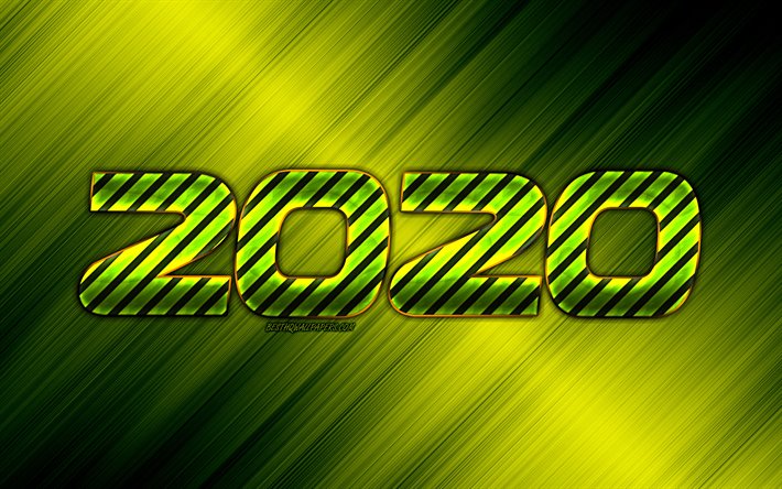 Green 2020 background, 2020 art, New Year 2020, green metal background, metal texture, Happy New Year 2020, 2020 concepts
