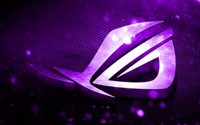 RoG violet logo, 3D art, Republic of Gamers, violet metal background, RoG 3D logo, ASUS, creative, RoG