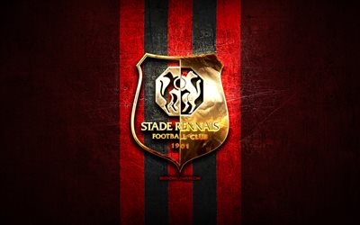 Stade Rennais FC, golden logo, Ligue 1, red metal background, football, Stade Rennais, french football club, Stade Rennais logo, soccer, France