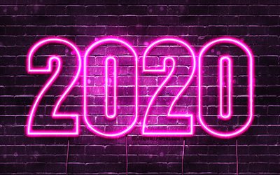 4k, Happy New Year 2020, purple brickwall, 2020 concepts, 2020 purple neon digits, 2020 on purple background, abstract art, 2020 neon art, creative, 2020 year digits