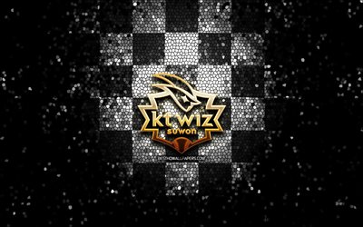 KT Wiz Suwon, glitter logo, KBO, white black checkered background, baseball, South Korean baseball team, KT Wiz Suwon logo, mosaic art