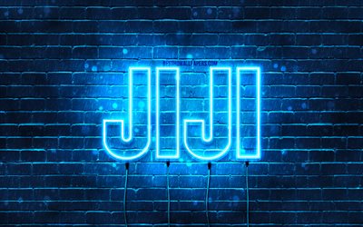 Happy Birthday Jiji, 4k, blue neon lights, Jiji name, creative, Jiji Happy Birthday, Jiji Birthday, popular japanese male names, picture with Jiji name, Jiji