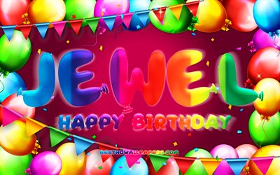 Happy Birthday Jewel, 4k, colorful balloon frame, Jewel name, purple background, Jewel Happy Birthday, Jewel Birthday, popular american female names, Birthday concept, Jewel