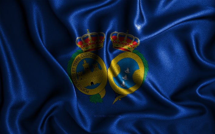 Huelva flagga, 4k, v&#229;giga sidenflaggor, spanska provinser, Huelvas dag, tygflaggor, Huelvas flagga, 3D-konst, Huelva, Europa, Spaniens provinser, Huelva 3D-flagga, Spanien