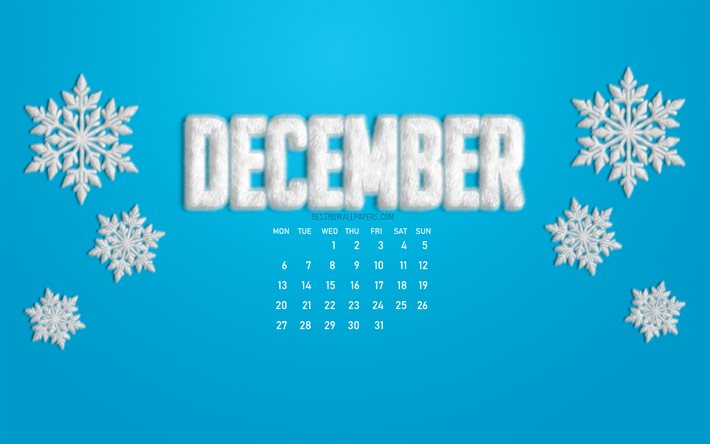 Calendrier d&#233;cembre 2021, fond bleu, flocons de neige, calendriers 2021, d&#233;cembre, hiver, calendrier d&#233;cembre 2021
