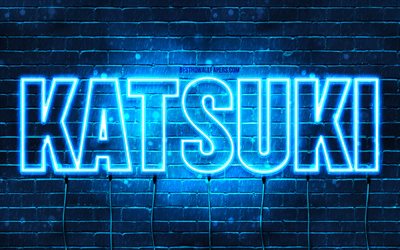 Happy Birthday Katsuki, 4k, blue neon lights, Katsuki name, creative, Katsuki Happy Birthday, Katsuki Birthday, popular japanese male names, picture with Katsuki name, Katsuki