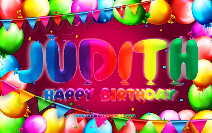 Joyeux anniversaire Judith, 4k, cadre de ballon color&#233;, nom Judith, fond violet, Judith joyeux anniversaire, Judith anniversaire, noms f&#233;minins am&#233;ricains populaires, concept d&#39;anniversaire, Judith