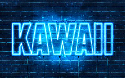 Happy Birthday Kawaii, 4k, blue neon lights, Kawaii name, creative, Kawaii Happy Birthday, Kawaii Birthday, popular japanese male names, picture with Kawaii name, Kawaii