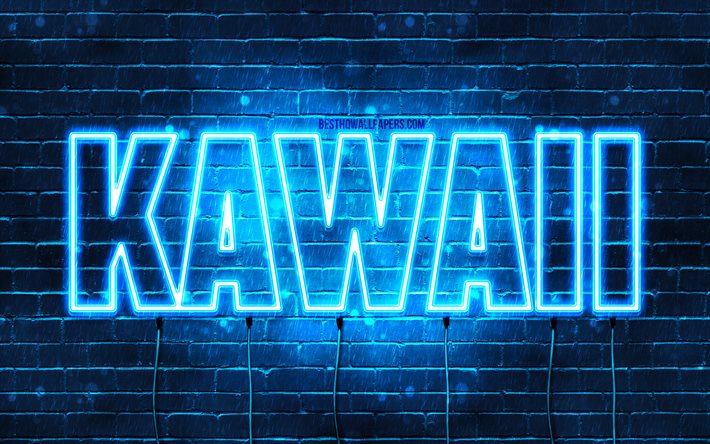 Joyeux anniversaire Kawaii, 4k, n&#233;ons bleus, nom Kawaii, cr&#233;atif, joyeux anniversaire Kawaii, anniversaire Kawaii, noms masculins japonais populaires, photo avec nom Kawaii, Kawaii