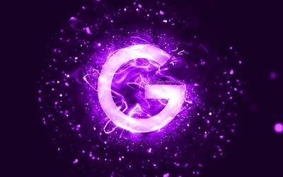 Google violet logo, 4k, violet neon lights, creative, violet abstract background, Google logo, brands, Google