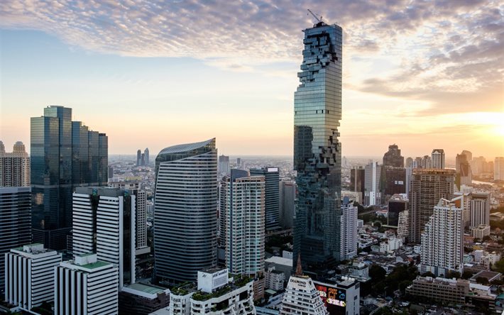 bangkok, mahanakhon, morgen, sonnenaufgang, wolkenkratzer, king power mahanakhon, bangkok panorama, skyline von bangkok, thailand