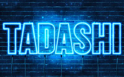 Happy Birthday Tadashi, 4k, blue neon lights, Tadashi name, creative, Tadashi Happy Birthday, Tadashi Birthday, popular japanese male names, picture with Tadashi name, Tadashi