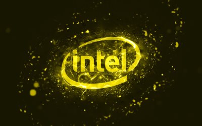 Intel yellow logo, 4k, yellow neon lights, creative, yellow abstract background, Intel logo, brands, Intel