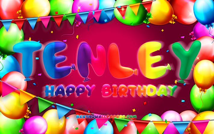 Buon compleanno Tenley, 4k, cornice di palloncini colorati, nome Tenley, sfondo viola, Tenley Happy Birthday, Tenley Birthday, nomi femminili americani popolari, concetto di compleanno, Tenley