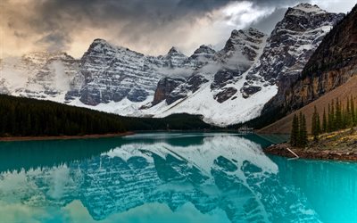 dağ manzarası, kayalar, buzul g&#246;l&#252;, akşam, g&#252;n batımı, Alberta, Kanada