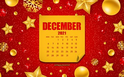 December 2021 Calendar, Red Christmas background, New Year, December, Christmas background with golden decorations, 2021 December Calendar