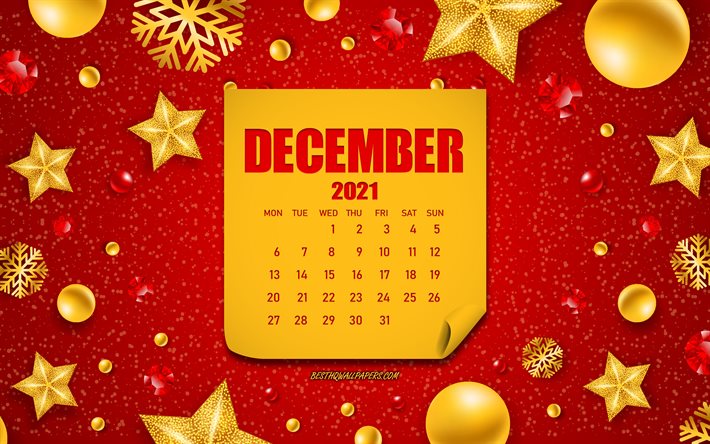 Calend&#225;rio de dezembro de 2021, fundo vermelho de Natal, ano novo, dezembro, fundo de Natal com enfeites dourados, calend&#225;rio de dezembro de 2021