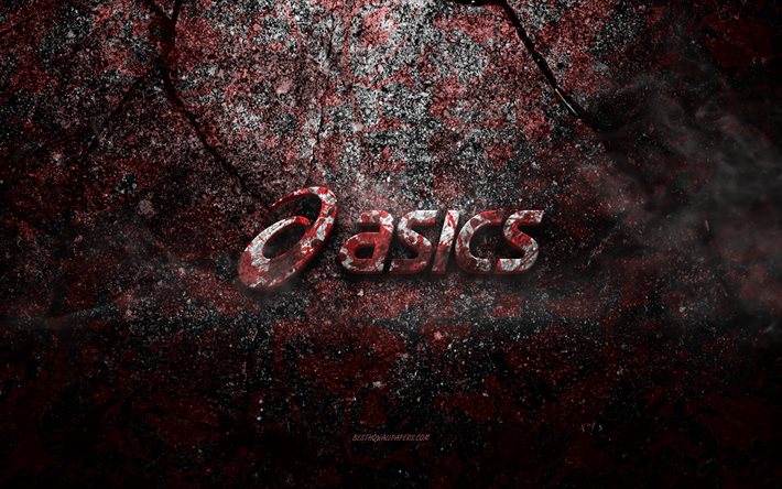Logo Asics, arte del grunge, logo della pietra Asics, struttura della pietra rossa, Asics, struttura della pietra del grunge, emblema Asics, logo 3d di Asics