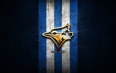 Toronto Blue Jays emblem, MLB, golden emblem, blue metal background, american baseball team, Major League Baseball, baseball, Toronto Blue Jays