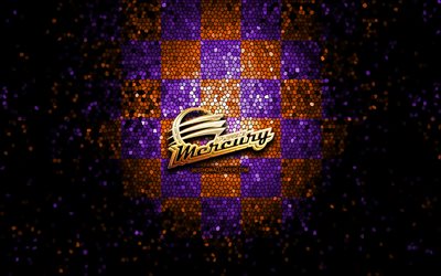 Phoenix Mercury, glitter logo, WNBA, violet orange checkered background, basketball, american basketball team, Phoenix Mercury logo, mosaic art