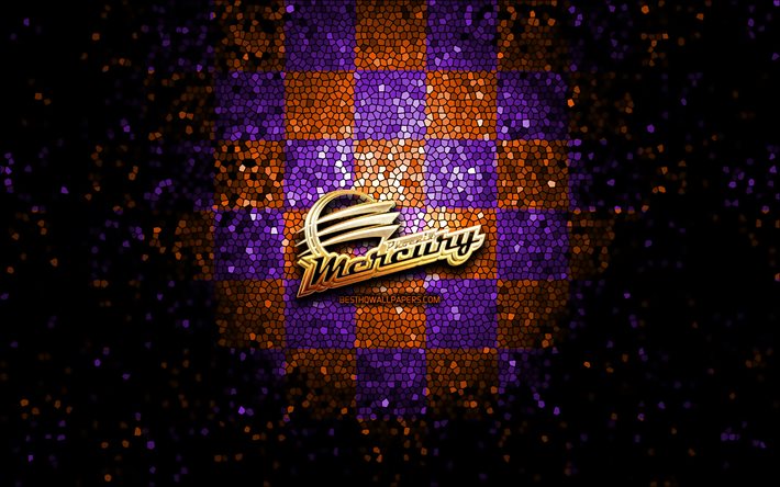 Phoenix Mercury, glitterlogotyp, WNBA, violett orange rutig bakgrund, basket, amerikanskt basketlag, Phoenix Mercury logotyp, mosaikkonst