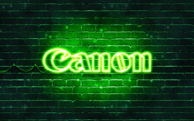 Canon green logo, 4k, green brickwall, Canon logo, brands, Canon neon logo, Canon