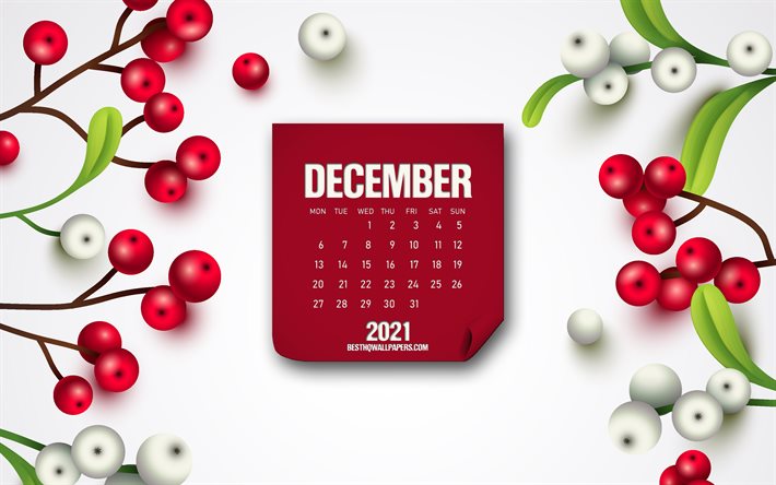 December 2021 Calendar, 4k, white winter background, December, berries background, 2021 December Calendar, winter calendars