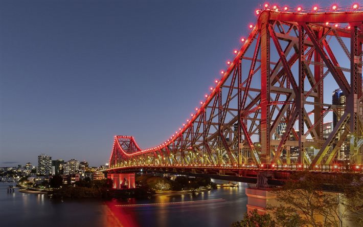 Brisbane, Story Bridge, sera, tramonto, fiume Brisbane, paesaggio urbano di Brisbane, Queensland, Australia