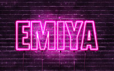 Joyeux anniversaire Emiya, 4k, n&#233;ons roses, nom Emiya, cr&#233;atif, Emiya Joyeux anniversaire, Anniversaire Emiya, noms f&#233;minins japonais populaires, image avec le nom Emiya, Emiya