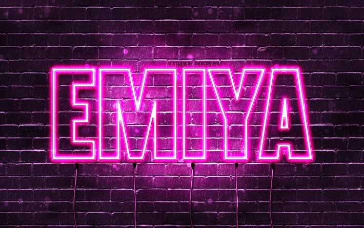 alles gute zum geburtstag emiya, 4k, rosa neonlichter, emiya name, kreativ, emiya alles gute zum geburtstag, emiya geburtstag, beliebte japanische weibliche namen, bild mit emiya name, emiya