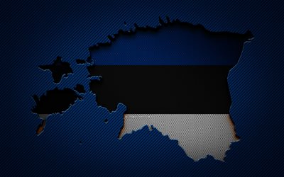 Estonia map, 4k, European countries, Estonian flag, blue carbon background, Estonia map silhouette, Estonia flag, Europe, Estonian map, Estonia, flag of Estonia