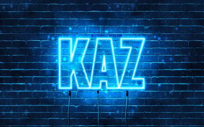 Happy Birthday Kaz, 4k, blue neon lights, Kaz name, creative, Kaz Happy Birthday, Kaz Birthday, popular japanese male names, picture with Kaz name, Kaz