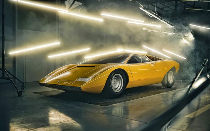 4k, Lamborghini Countach LP500, 1971, retro supercar, retro cars, yellow Countach LP500, retro sports cars, Lamborghini